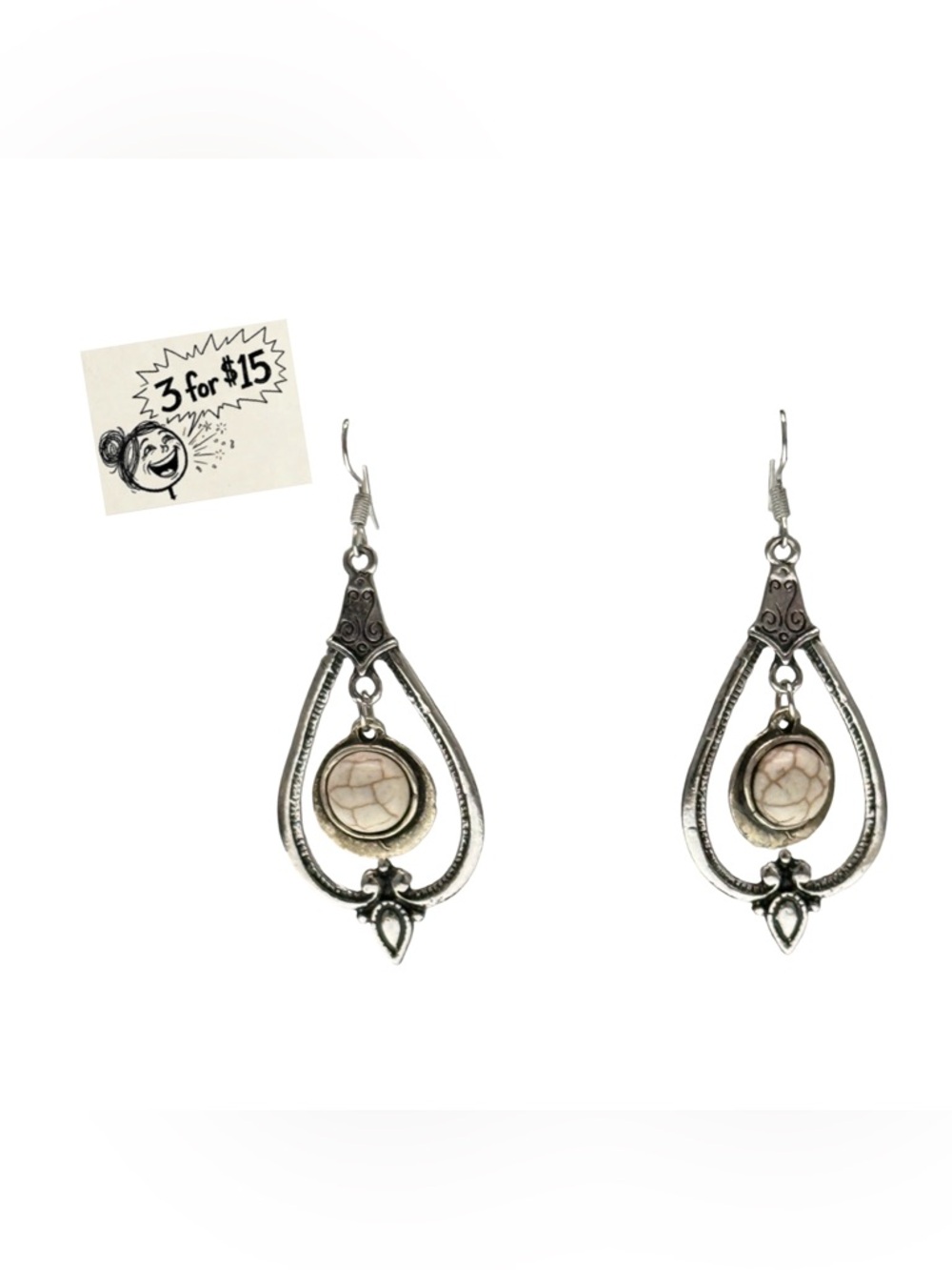 Silver Teardrop Earrings with White Stone Accents - Boho Tribal Dangle Jewelry